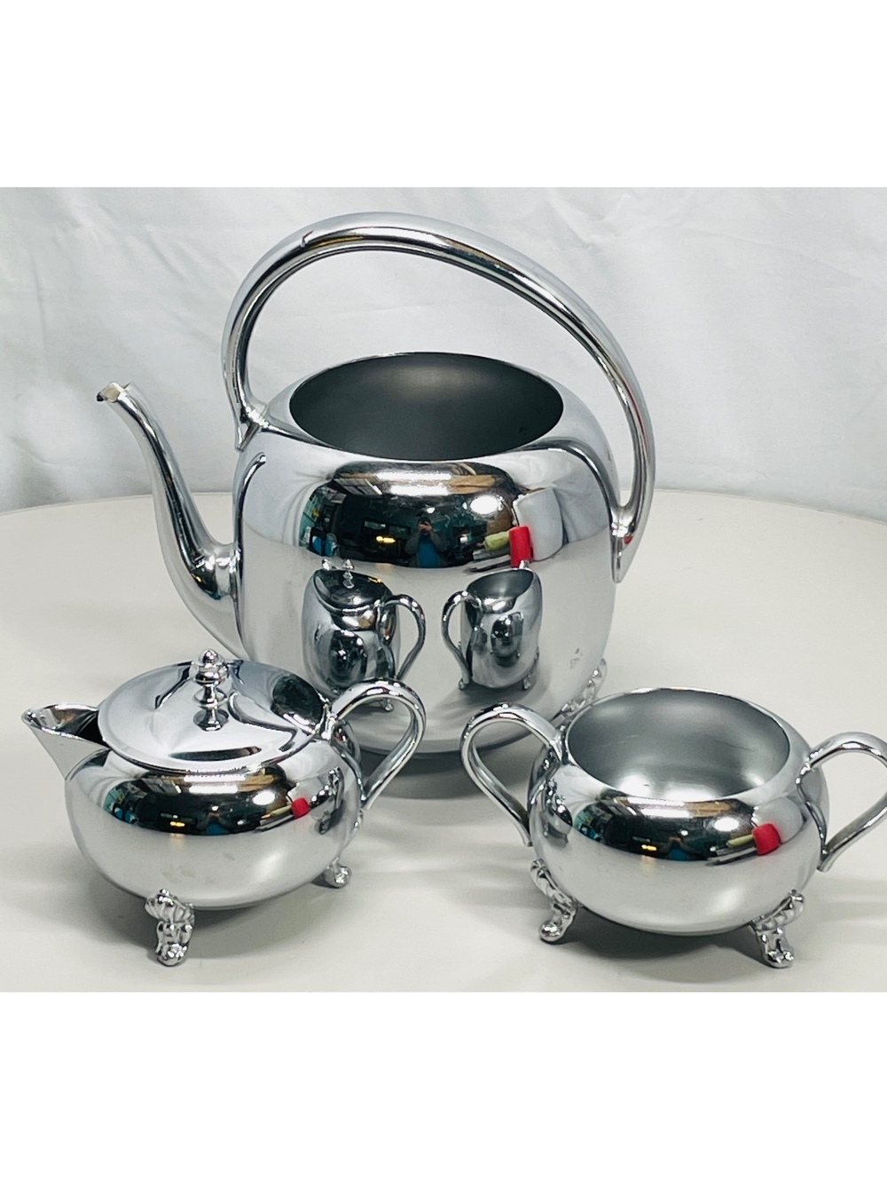Vintage Stainless Steel Tea Set with Teapot, Creamer, and Sugar Bowl
